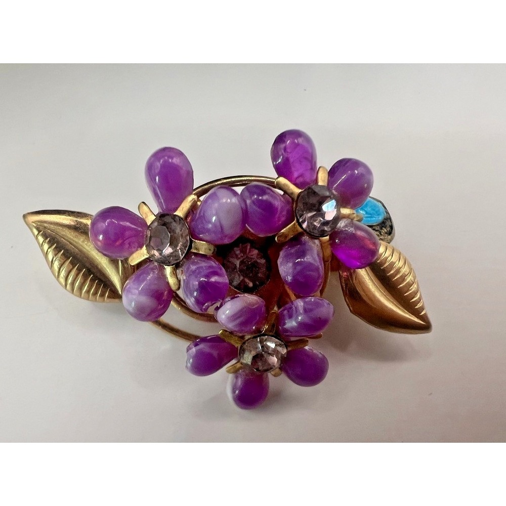 Vintage Brooch Sterling Mary Medal Purple Stone Flower Gold Catholic Religious